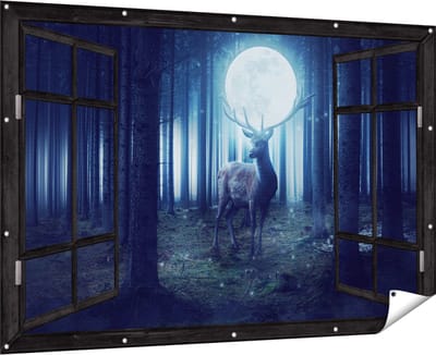 Gards Tuinposter Doorkijk Hert in het Bos tijdens Volle Maan - 180x120 cm - Tuindoek - Tuindecoratie - Wanddecoratie buiten - Tuinschilderij