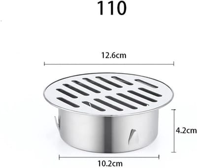 Ronde, vrijstaande sifonafvoer van roestvrij staal met lekbak en anti-verstoppingsfilter, geschikt voor balkons, terrassen, dakterrassen, patio's en tuinen (diameter 110 mm).