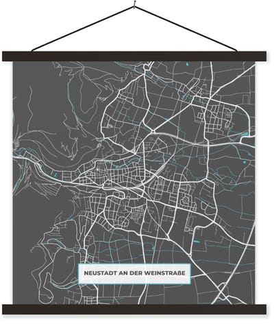 Posterhanger incl. Poster 90x90 cm - Schoolplaat - Kaart – Plattegrond – Stadskaart – Neustadt an der Weinstraße – Duitsland – Blauw - Textielposter - Zwarte latten - Stadskaart