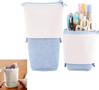 KZQ Uitschuifbaar pennenetui van PU corduroy - Transformeerbare stand-up organizer met kleurrijk design - Geschikt voor studenten- Blauw