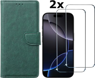 Hoesje Geschikt voor iPhone 16 Pro hoesje bookcase met 2 stuks screenprotectors – Groen
