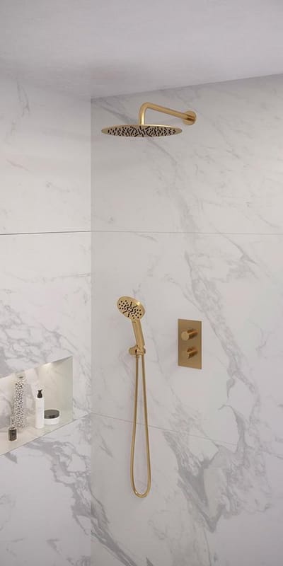 Brauer Gold Edition thermostatische inbouw regendouche 3-weg omstelling SET 34 met 30 cm douchekop en gebogen muurarm en 3-standen handdouche en doucheslang en wandaansluitbocht goud geborsteld PVD