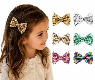 6x Haarspeldjes Meisjes met Pailletten Strik – Gouden Mix – Glitter Haarclips voor Kinderen – Feest, Verjaardag & Carnaval