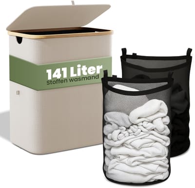 Nince Wasmand - 2 Vakken - 141L - Met Deksel - Wassorteerder - Uitneembare Waszakken - Bamboe - Opvouwbaar - Beige