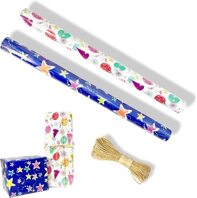 Cadeaupapierrol voor verjaardagen en feestdagen, 2 rollen van 43 x 300 cm, inclusief kraftpapierkoord, ideaal voor kinderen en baby's