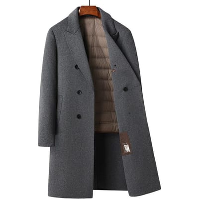Manteau en laine double boutonnage longueur genou 100% laine Automne et Hiver Manteau en laine double face doublé duvet pour homme 3XL gris
