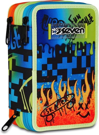 Schooletui met 3 ritssluitingen, blauw met scribbled flame design, ruimte voor pennen en potloden, geschikt voor basisschoolkinderen