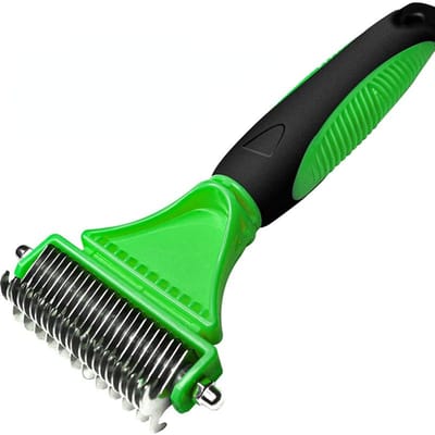 Brosse de toilettage en acier inoxydable pour animaux de compagnie, peigne à râteau double face pour perte et démêlage des poils de chien et de chat, dissolvant d'emmêlements vert