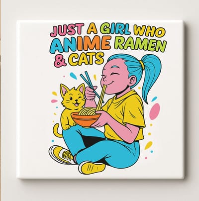 Just a Girl Die Houdt van Anime Ramen & Katten Keramische Tegel – Schattige Pop Art Illustratie Wanddecoratie – Cadeau voor Anime Liefhebbers – 15 × 15 cm