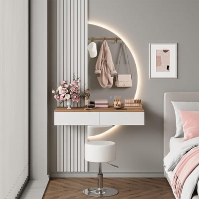 Kaptafel set - Make-up tafel kruk - Slaapkamer inrichten - Verstelbare LED spiegel - 100 cm breed - Wit eiken