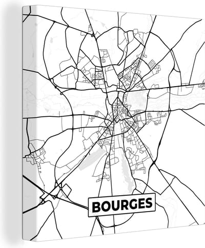 Canvas Schilderij Bourges - Frankrijk - Stadskaart - Plattegrond - Kaart - Zwart wit - 20x20 cm - Wanddecoratie