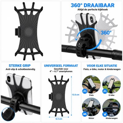 Siliconen Telefoonhouder Fiets – Universele Smartphone Houder voor Stuur – Anti-Schok & Anti-Slip – Geschikt voor Elektrische Fietsen, Motoren & Scooter – 360° Draaibaar – Zwart