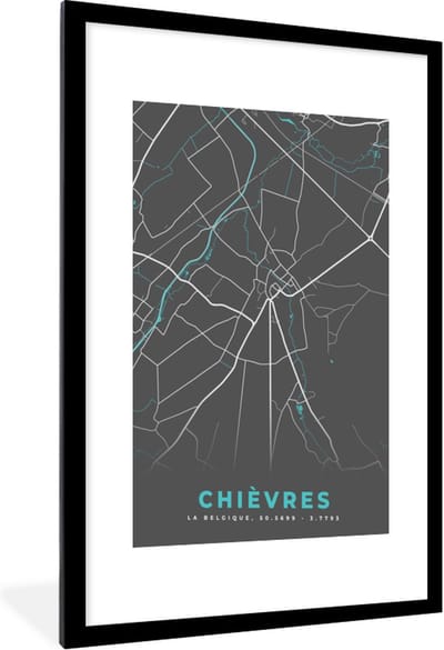 Fotolijst incl. Poster - Stadskaart – Grijs - Kaart – Chièvres – België – Plattegrond - 60x90 cm - Posterlijst