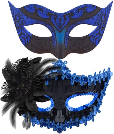 Dailygoods- Venetiaans Masker 2 Stuks - Maskerade Masker - Feest Masker - Kostuum - Halloween - Carnaval - Zwart en Blauw - Feestmasker