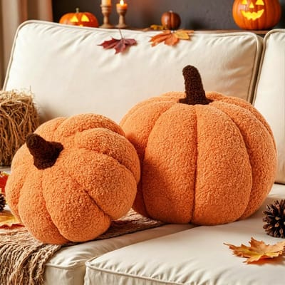 2 Stuks Herfst Pompoen Kussens - Halloween Decoratie Pluche Pompoen Kussens - 3D Pompoenlook voor Herfst, Thanksgiving, Slaapkamer, Bank - Beige - 20 & 28cm