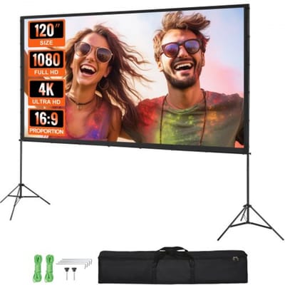 VEVOR Projectieprojectiescherm met Standaard 120 Inch HD 4K Outdoor Indoor Projectiescherm Snel Opvouwbaar Draagbaar Filmscherm 16:9 voor Thuisbioscoop, Camping en Vrijetijdsevenementen Zwart
