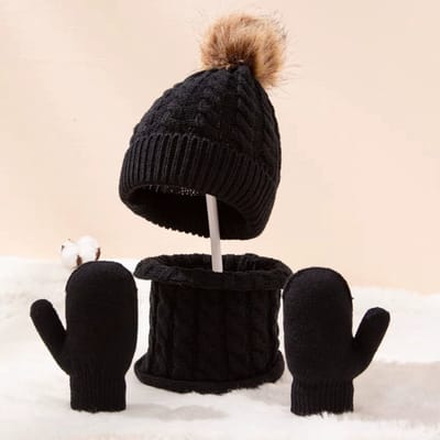 3-delige Kind Winterset – Gebreide Muts, Sjaal & Wanten – Warme Outdoor Set voor Peuters en Kinderen – Huidvriendelijke Handschoenen – Jongens & Meisjes – Kinder Winteraccessoires – Warme Nekwarmer & Handschoenen