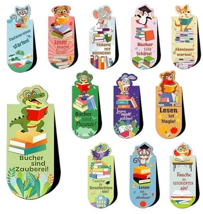 Magnetische Boekenleggers voor Kinderen - 12 Dieren met Inspirerende Leesspreuken