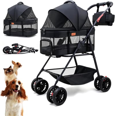 Hondenbuggy - Dierenkar Kattenbuggy - Reizen met huisdier - Afneembare drager - Max 15 kg - Zwart