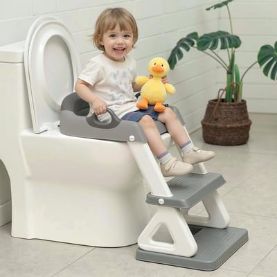 Potty Training Seat - Kinder Toilet - Kinderen Zelfstandig - Verstelbaar Voetensteun - Tot 180 Pounds - Grijs Wit