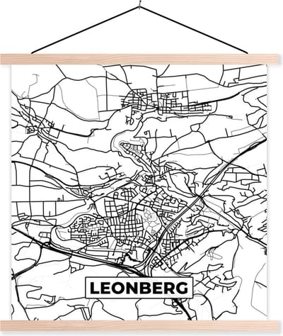 Posterhanger incl. Poster 40x40 cm - Schoolplaat - Plattegrond - Leonberg - Kaart - Stadskaart - Textielposter - Blanke latten - Stadskaart