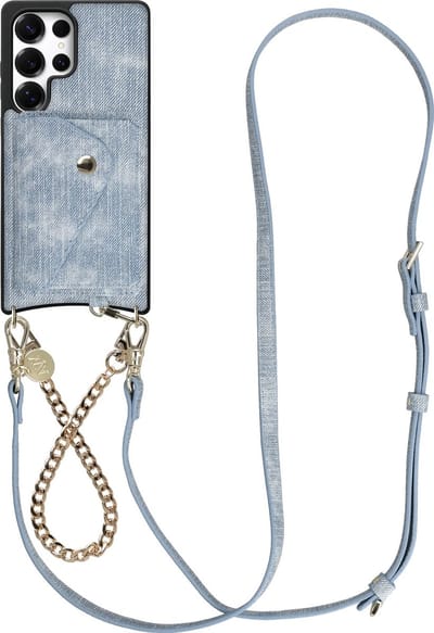 AVY Hoesje geschikt voor Samsung Galaxy S25 Ultra | Met Koord en Kaarthouder | Compatibel met MagSafe | Kunstleren Case met Polsand & Crossbody Koord & Wallet | Gold Denim Set | Denim