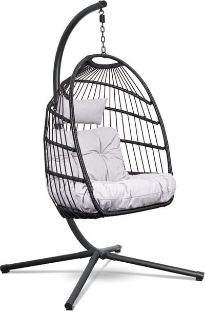 Hangstoel met standaard voor binnen en buiten – Lichtgrijze ei zitstoel met kussens – Comfortabele cocoon hangstoel tot 150kg