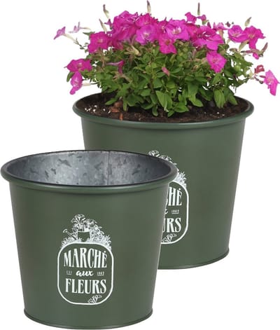 Sunnydays /plantenpot/bloempot - 2x - zink - legergroen - D19 x H16 cm
