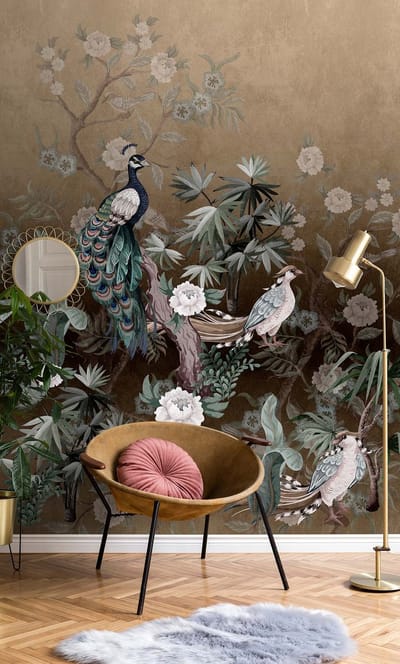 Fotobehang peacockisland2 DD122952 Livingwalls Walls by Patel 3 Bruin Groen Vlies 270 x 400 cm (4 delen) Goedkoop fotobehang