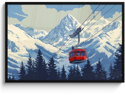Poster in lijst - Fotolijst 120x80 cm - Posters - Kabelbaan - Sneeuw - Berglandschap - Posterlijst zwart - Decoratie - Wanddecoratie woonkamer - Muurdecoratie slaapkamer