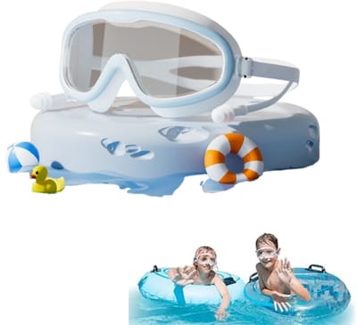 1 stuk - Kinderzwembril - Groot frame kinderzwembril - Zwembril met oordopjes - Siliconen kinderzwembril - Waterdicht - Lichtblauw - Geschikt voor kinderen - Geschikt voor badkamer, zwembad