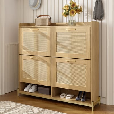 Schoenenkast - Licht eiken met 4 draaideuren & bovenblad - 108,5x24x100 cm