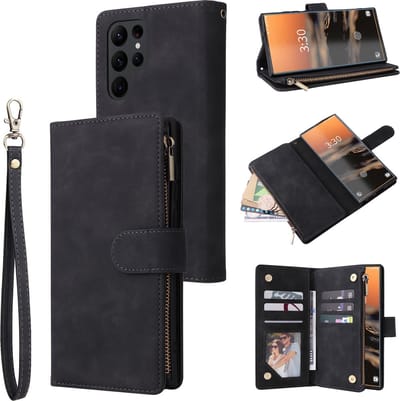 YPCd Wallet Case Pasjeshouder met Rits – Geschikt voor Samsung Galaxy S24 Ultra – Luxe Bookcase Hoesje met 6 Pasjesvakken & Polsbandje – Zwart