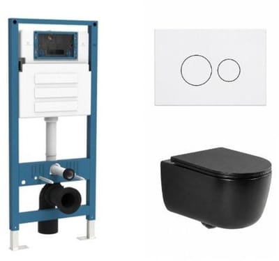 QeramiQ Dely Swirl Toiletset - inbouwreservoir Qeramiq Flush - slim zitting - kunststof glans witte bedieningsplaat - ronde knoppen - mat zwart
