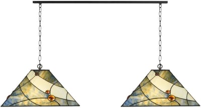 2 x Tiffany Sky Blue met ketting lampen aan plafondbalk - Art Deco Trade