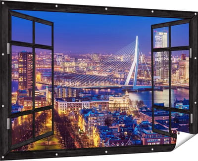 Gards Tuinposter Doorkijk Rotterdamse Skyline met de Erasmusbrug - 180x120 cm - Tuindoek - Tuindecoratie - Wanddecoratie buiten - Tuinschilderij