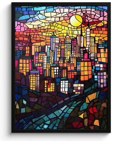 Poster in lijst - Fotolijst 50x70 cm - Posters - Stad - Maan - Mozaïek - Kleurrijk - Posterlijst zwart - Decoratie - Wanddecoratie woonkamer - Muurdecoratie slaapkamer