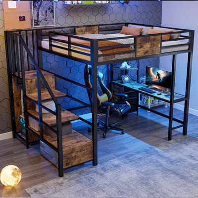 140x200cm hoogslaper - met bureau - opbergvakken - kledingstang - LED-verlichting en stopcontact - zwart - zonder matras