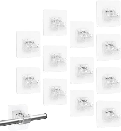 Allecto Plus - 12 stuks zelfklevende gordijnstangen | Nagelvrije verstelbare stanghouders | Transparant | Voor slaapkamer, keuken, badkamer