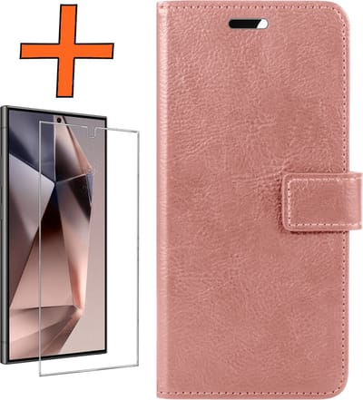 Hoes - Met Screenprotector - Geschikt voor Samsung Galaxy S24 Ultra - Luxe Pasjeshouder - Bookcase Portemonee - Flip Case - Kunstleer Book Case - Flipcase - Book Cover - Walletcase - PortemonneeHoes - Rosé goud
