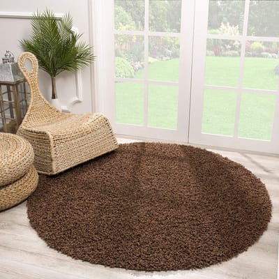 Rond Loca Shaggy Vloerkleed – Modern Uni Effen – Bruin Hoogpolig & Zacht- 80 CM Ø