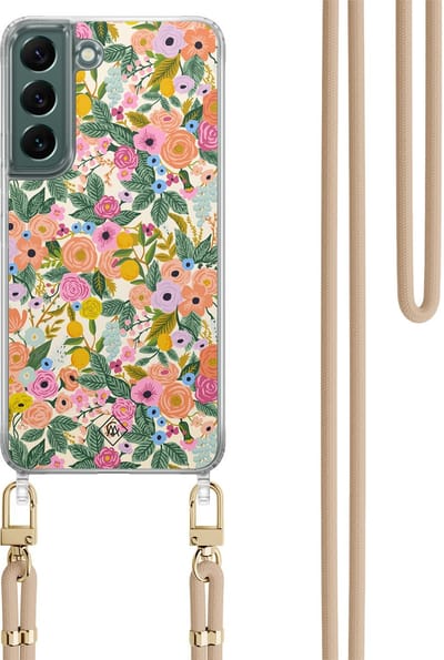 Casimoda® hoesje met beige koord - Geschikt voor Samsung S22 Plus - Pink Garden - Afneembaar koord - TPU/polycarbonaat - Roze