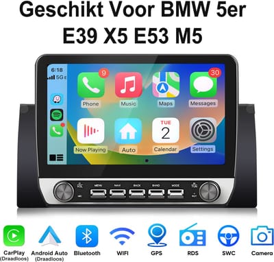 Junsun Android 15 Autoradio Geschikt Voor BMW 5er E39 X5 E53 M5 Accessoires, 2GB+64GB, Draadloze CarPlay & Andriod Auto, DAB+, GPS-navigatiesysteem, Bluetooth, Stuurwielbediening, WiFi, RDS, FM, 10,1-inch HD IPS Touchscreen, DSP, Quad-core processor