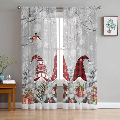 Kerst Sneeuwscène Sneeuwvlokken Kabouter Grijs Transparante Gordijnen Woonkamer Decoratie Raamgordijnen Keuken Tule Voile Gordijnen W135 x H115cm x1 gray