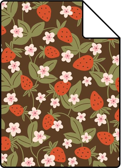 Proefstaal ESTAhome behang aardbeien vergrijsd olijfgroen en rood - 26.5 x 21 cm - 132169-S