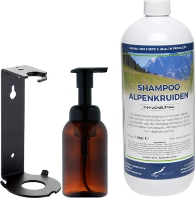 Zeepdispenser 300 ml amber bruin hervulbaar + 1 liter Shampoo Alpenkruiden navulling (inclusief beugel)