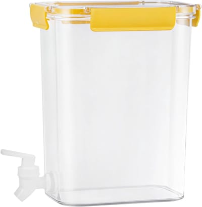 Transparante voedselveilige plastic pot voor wasmiddel, wasverzachter en sap, 4.5L met lekvrije dop en geel handvat