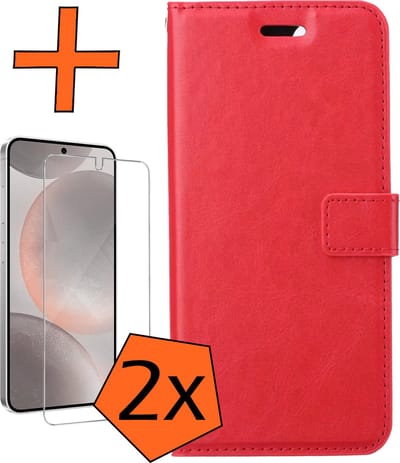 Hoes - Met 2x Screenprotector - Geschikt voor Samsung Galaxy S24 - Luxe Pasjeshouder - Bookcase Portemonee - Flip Case - Kunstleer Book Case - Flipcase Hoes - Book Cover - Walletcase - PortemonneeHoes - Rood