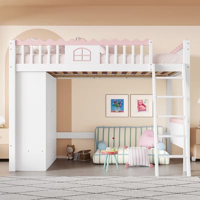 Pugsdrly Stapelbed, eenpersoonsbed (zonder matras), kinderbed, met ledlampen, met kast, met opberglade, EN747-gecertificeerd, grenenhout, 90 x 200 cm, wit