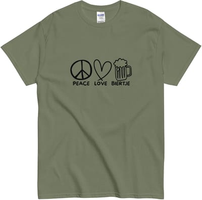 Casual T Shirt voor Vrouwen en Mannen - Lijntekening Vrede Liefde Bier - Khaki Groen - 3XL